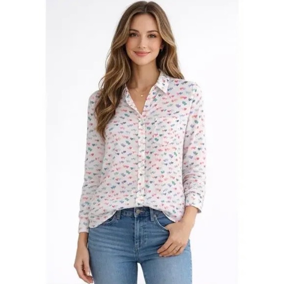 Rails Tops - Rails Kate 100% Silk‎ Watercolor Hearts Button Down Shirt White Small
